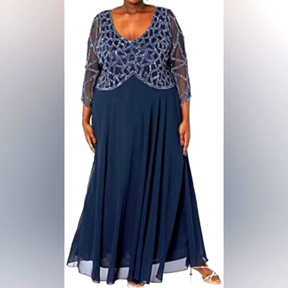 J Kara Women's Plus Size 3/4 Sleeve Geo Beaded Gown, 20W